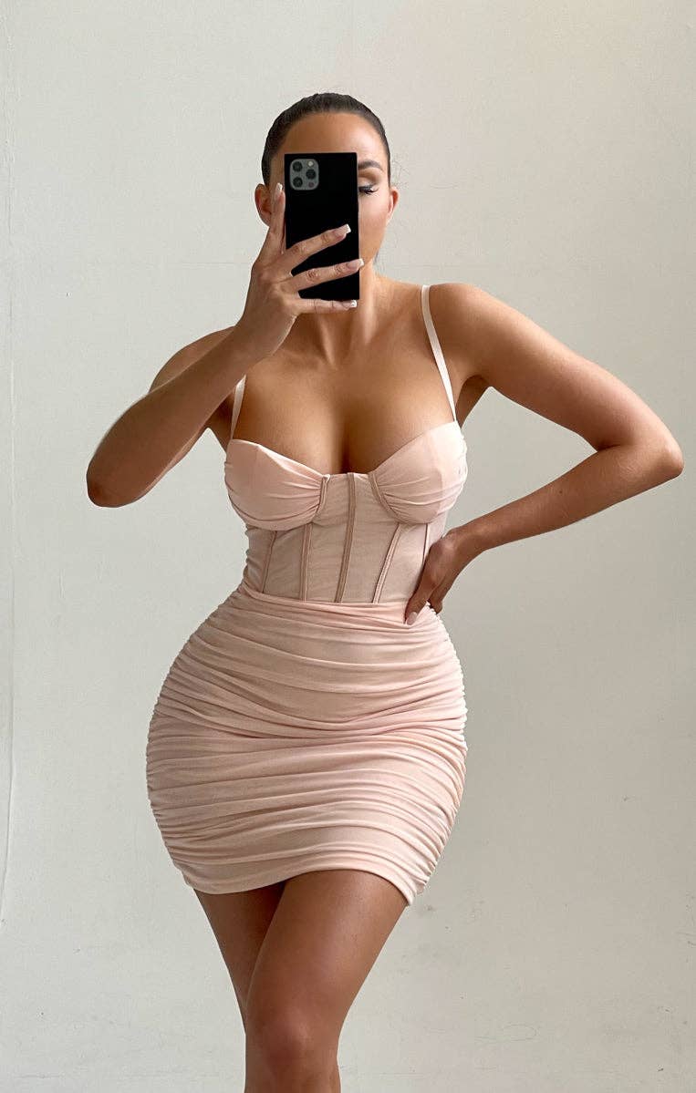Naken Mesh Rucherad Korsettband Bodycon Miniklänning - Penny