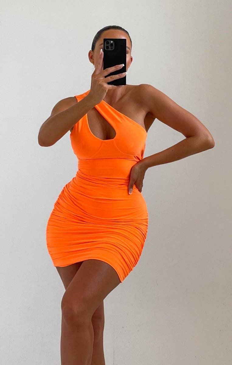 Neonorange asymmetrisk remskuren miniklänning - Mila