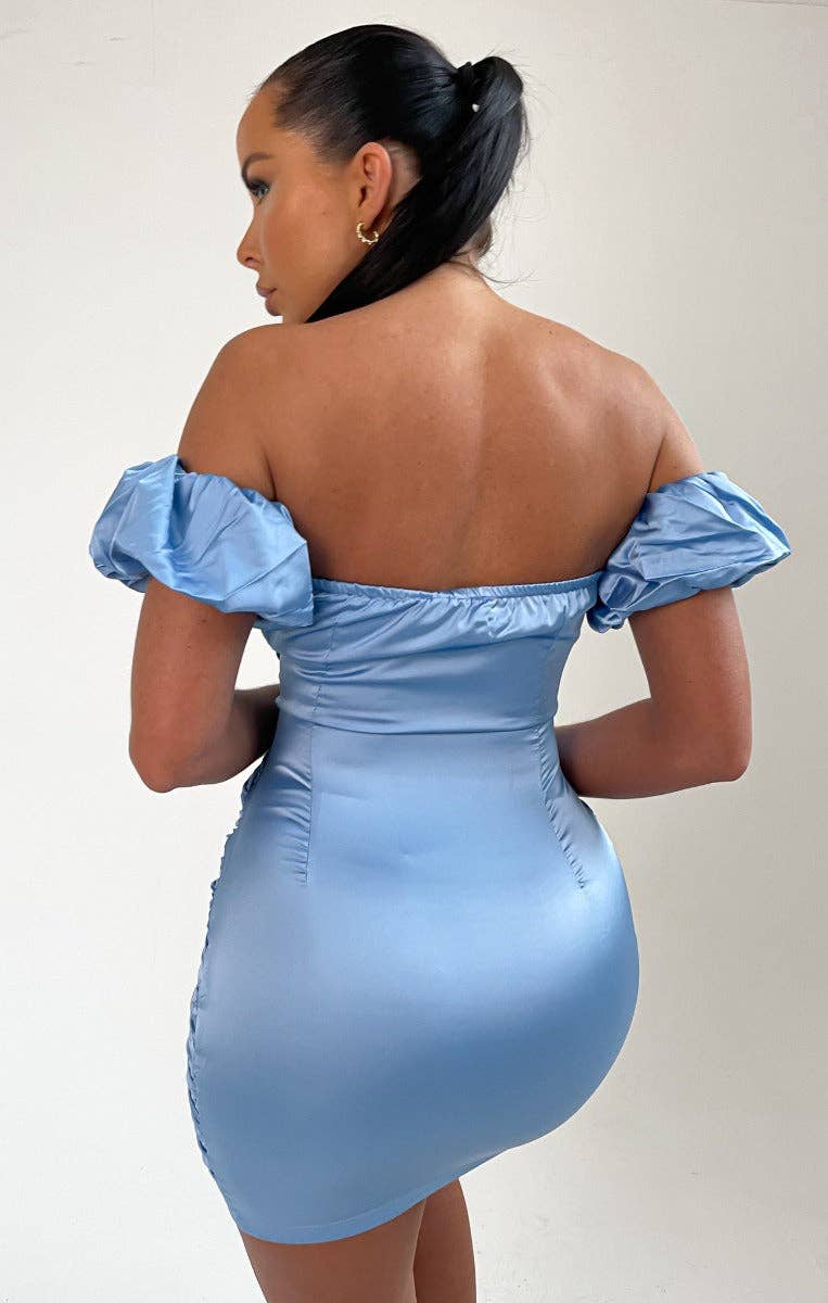 Himmelblå Satin Bardot Puffärm Bodycon Miniklänning - Esme
