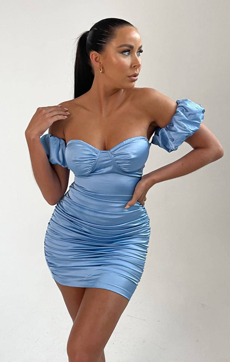 Himmelblå Satin Bardot Puffärm Bodycon Miniklänning - Esme
