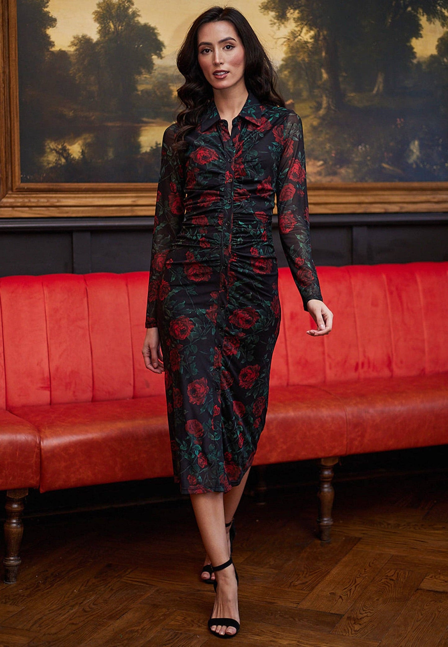 Svart bodycon-klänning med meshärmar i rosprint