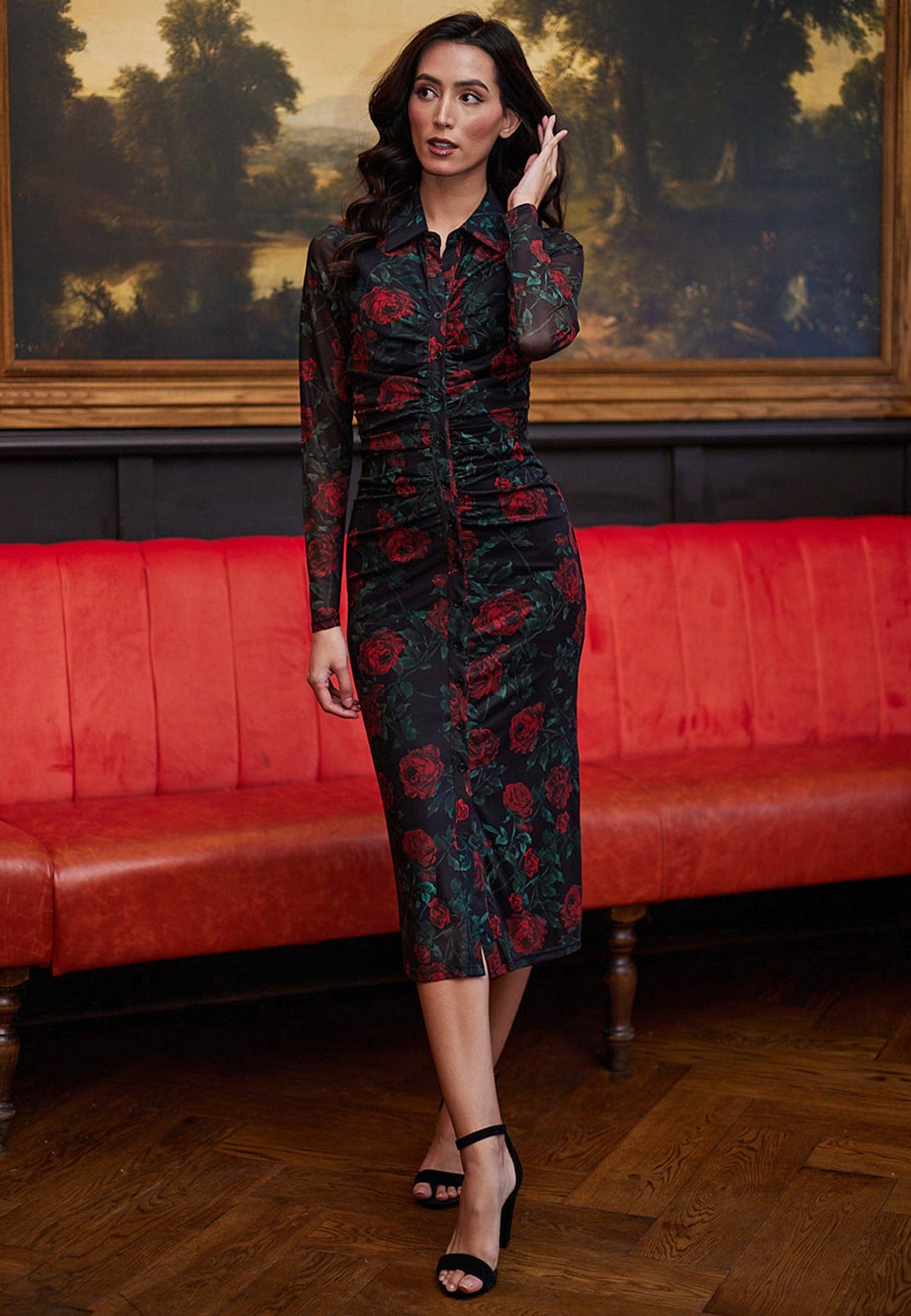 Svart bodycon-klänning med meshärmar i rosprint