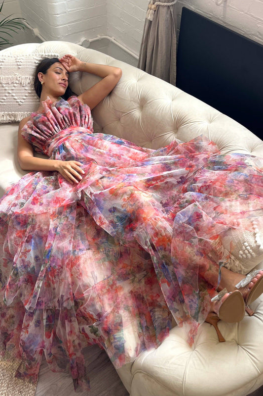 Natalia Tulle Maxiklänning i Blandade Blommor