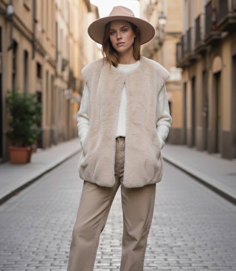 Ärmlös oversizeväst i fuskpäls