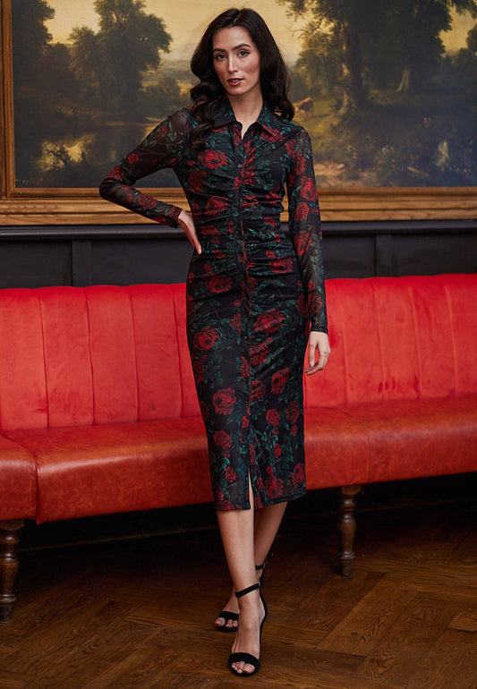 Svart bodycon-klänning med meshärmar i rosprint