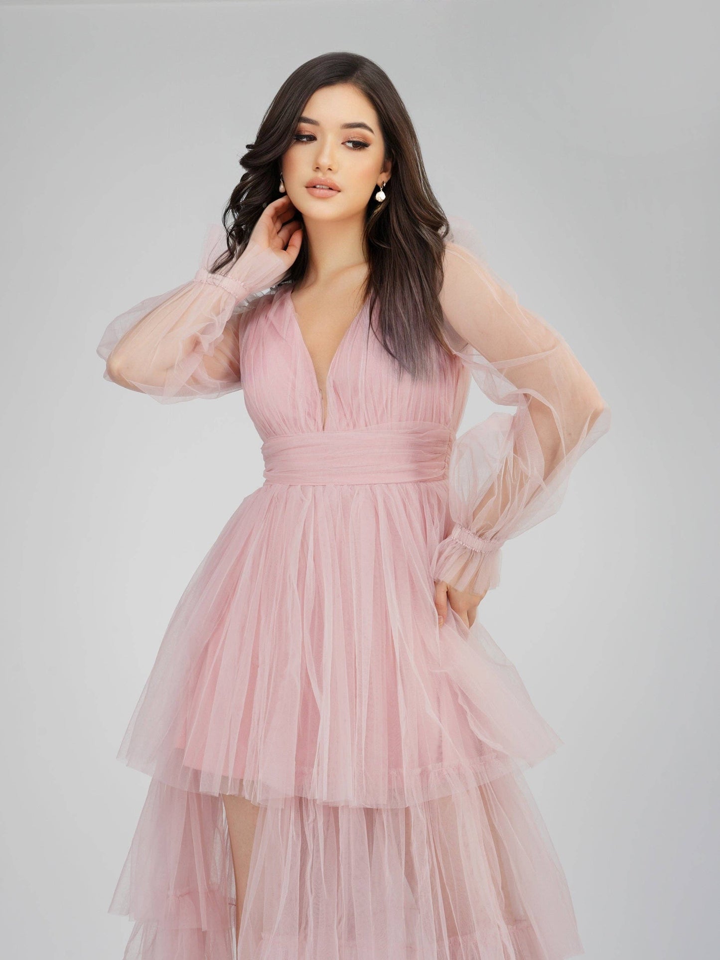 Salma Långärmad Tyll Maxi Klänning i Rosa