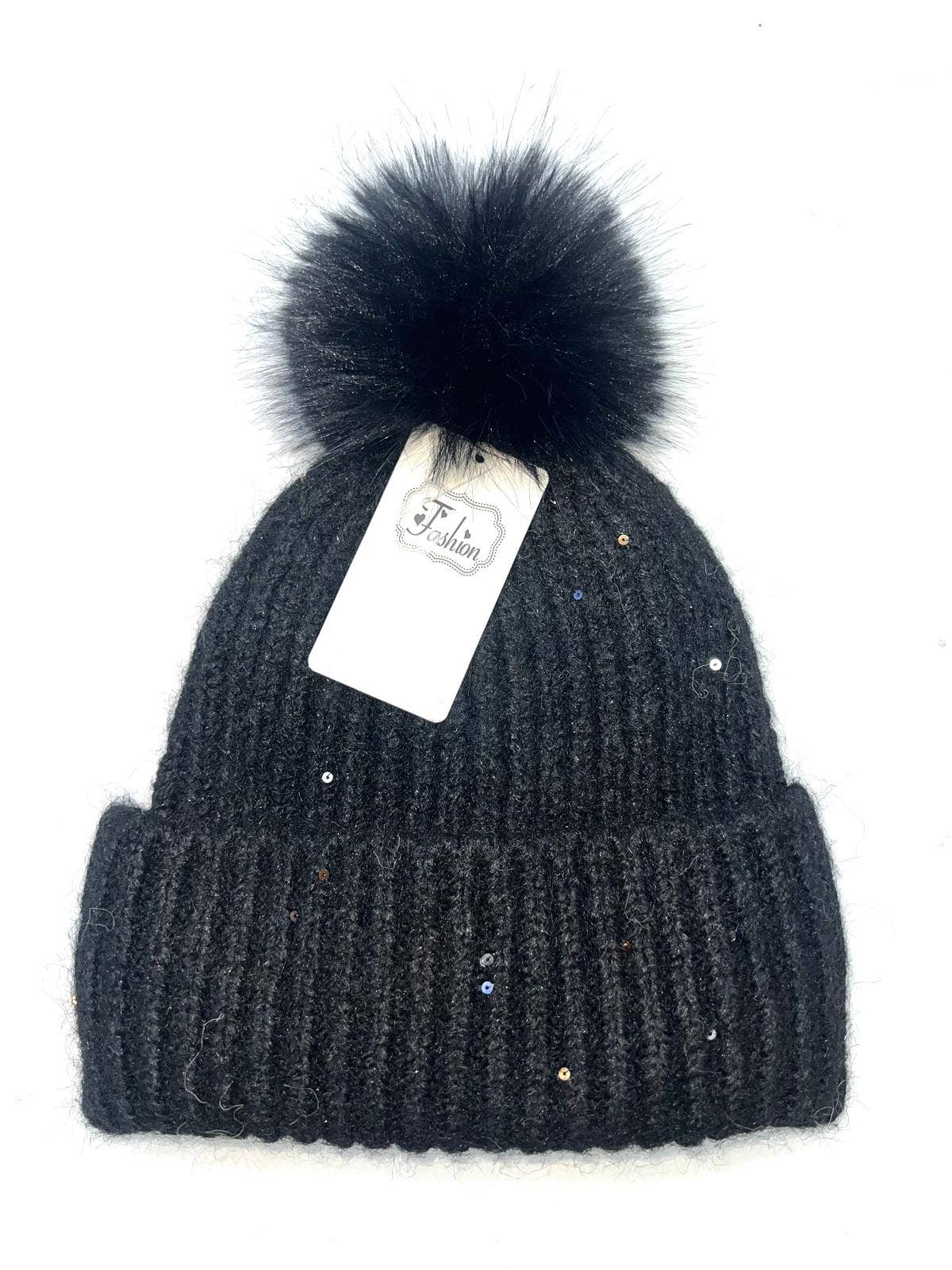 Enfärgad mössa med tofs och paljetter med foder